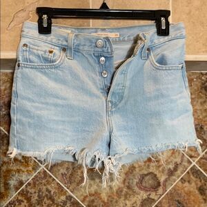 Levi Wedgie Distressed High Rise Shorts Frayed Hem Light Blue Denim Size 26